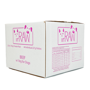 Raw dog food 10KG Freezer Pack box with boneless Beef protein, made in BC, Canada. Vancouver-based raw pet food company creating raw dog food. 