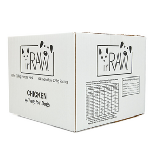 Raw dog food 10KG Freezer Pack box with bone-in Chicken protein, made in BC, Canada. Vancouver-based raw pet food company creating raw dog food. 