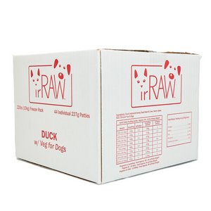 Raw dog food 10KG Freezer Pack box with bone-in Duck protein, made in BC, Canada. Vancouver-based raw pet food company creating raw dog food. 