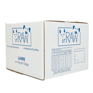 Raw dog food 10KG Freezer Pack box with boneless Lamb protein, made in BC, Canada. Vancouver-based raw pet food company creating raw dog food. 