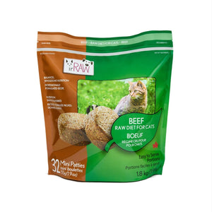 Raw 55g boneless beef mini patties for cats, made in BC, Canada. Vancouver-based raw pet food company creating raw cat food. 