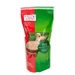 Raw 227g duck patties for dogs, made in BC, Canada. Vancouver-based raw pet food company creating raw dog food. 