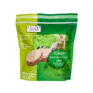 Raw 52g turkey mini patties for cats, made in BC, Canada. Vancouver-based raw pet food company creating raw cat food. 