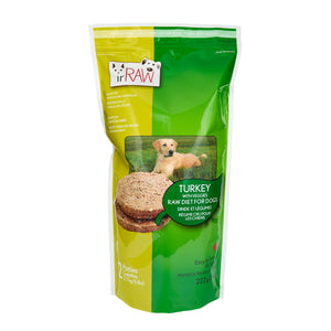 Raw 227g turkey patties for dogs, made in BC, Canada. Vancouver-based raw pet food company creating raw dog food. 